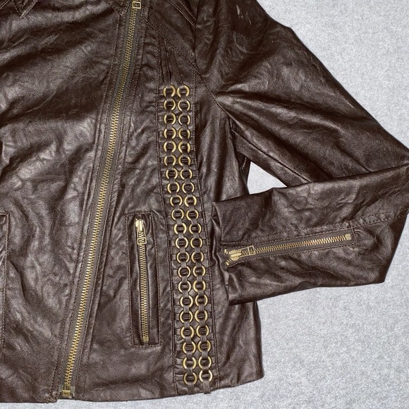 Andrew Charles Moto Jacket‎ XS Brown Faux Leather Chain Detail Asymmetrical Zip - Picture 5 of 15